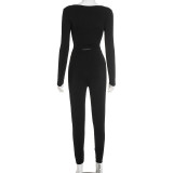 Square Neck Long Sleeve Top High-waisted Pants Two Piece Sets GSBD-Q25ST294