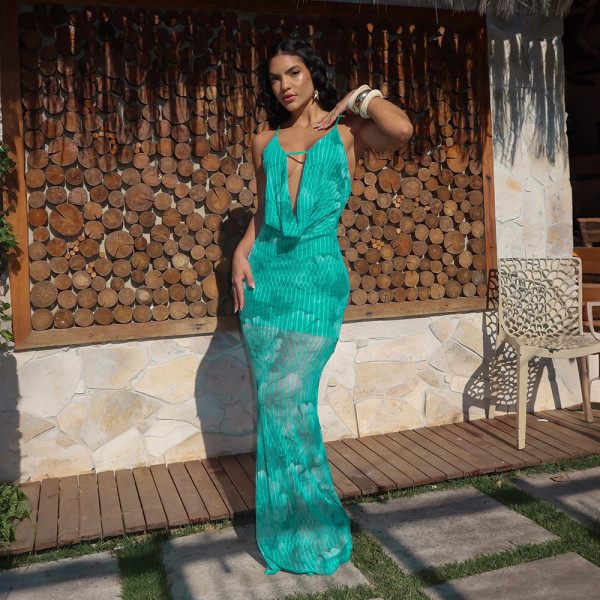 Deep V Neck Print Backless Maxi Dress CYA-901985