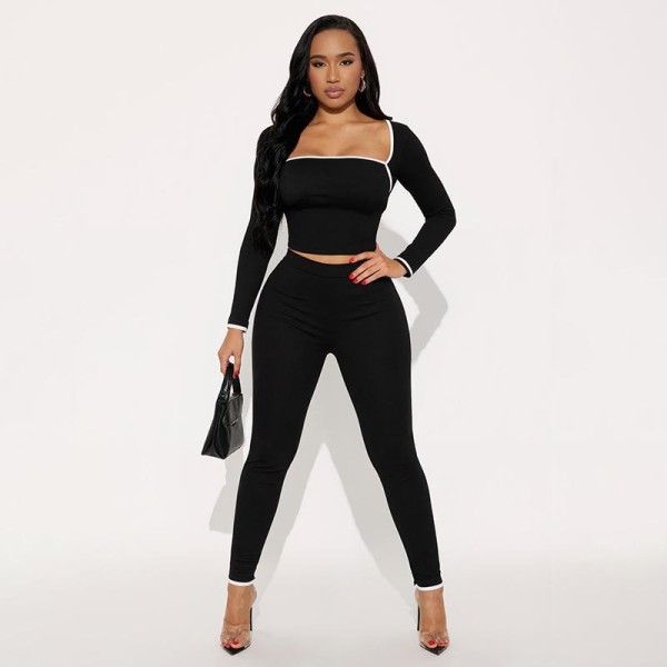 Square Neck Long Sleeve Top High-waisted Pants Two Piece Sets GSBD-Q25ST294