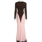 Color Block Ruched Slim Maxi Dress GSZM-J25DS383