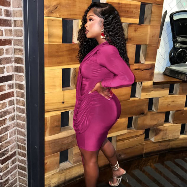 Solid Color Long Sleeve Mini Dress GSZM-Q25DS397