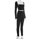 Square Neck Long Sleeve Top High-waisted Pants Two Piece Sets GSBD-Q25ST294
