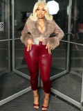 Furrzy Neck V-neck Leather Jackets CH-25063
