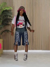  Ribbon-Tied Washed Denim Shorts BGN-360