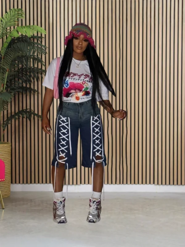  Ribbon-Tied Washed Denim Shorts BGN-360