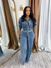 Single Breasted Washed Denim Two Piece Pant Set TK-6348