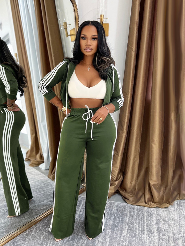 Stripe Hooded Coat Two Piece Pants Set SFY-802