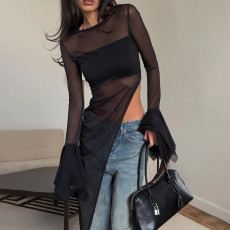 Sexy Mesh Flare Sleeve Long Smock GAXB-P0296TP
