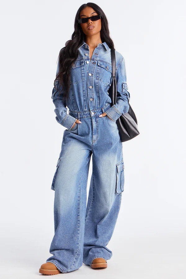 Fashion Denim Multi-pockets Wide Leg Jumpsuit LX-6073