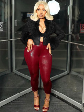 Furrzy Neck V-neck Leather Jackets CH-25063