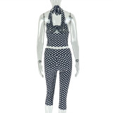 Polka Dot Print Halterneck Tops Tight Pants Suit GJYO-JS919136