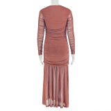 Solid Color Ruched Long Sleeve Maxi Dress GJYO-JD303290
