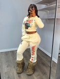 Letter Print Hooded Coats Two Piece Pants Set GFCF-1423
