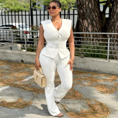 V Neck Sleeveless Vest Solid Color 2 Piece Pants Set GANY-LB1441