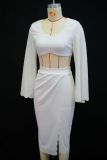 Flare Sleeve Solid Color Split Skirt 2 Piece Set GANY-LB1444