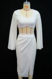 Flare Sleeve Solid Color Split Skirt 2 Piece Set GANY-LB1444