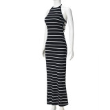 Stripe Backless Halterneck Bandage Dress GFRT-041718DBG