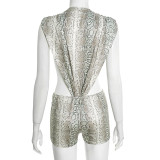 Snake Print Sleeveless Bobysuit Two Piece Shorts Set MXBF-J25ST348