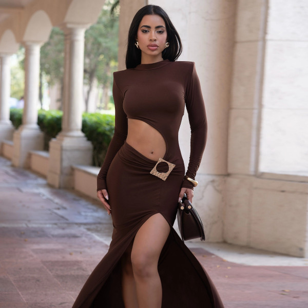 Sexy Long Sleeve Hollow Out Split Maxi Dress YF-10947