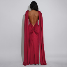 Solid Color Ruched Backless Maxi Dress YF-10944