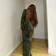 Long Sleeve Print Tie Up Backless Maxi Dress GAXB-A646DS