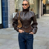 High-Neck Solid Color Short Zipper PU Leather Jacket XEF-K25C84468