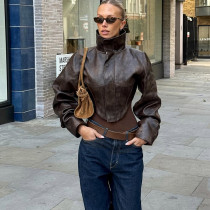High-Neck Solid Color Short Zipper PU Leather Jacket XEF-K25C84468