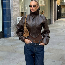 High-Neck Solid Color Short Zipper PU Leather Jacket XEF-K25C84468