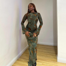 Long Sleeve Print Tie Up Backless Maxi Dress GAXB-A646DS