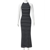 Stripe Backless Halterneck Bandage Dress GFRT-041718DBG