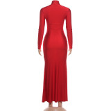 Ruched Long Sleeve Solid Color Maxi Dress XEF-K25D85352