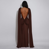 Solid Color Ruched Backless Maxi Dress YF-10944