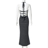 Stripe Backless Halterneck Bandage Dress GFRT-041718DBG