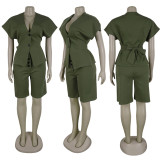 Solid Color Short Sleeve Two Piece Short Set NY-11219