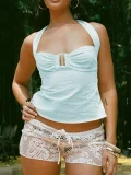 Halterneck Solid Color Backless Tops GFRT-32412TBY