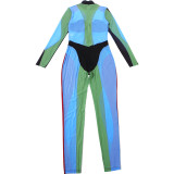 Contrast Color Long Sleeve Tight Jumpsuit DLSF-K25Q85453