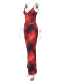 V Neck Print Sling Vest Long Skirt Two Piece Set BLG-S4416112K