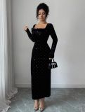 Full-Drill Velvet Square-Neck Fitted Maxi Dress QODY-6071