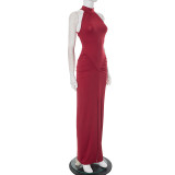 Sleeveless Solid Color Ruched Split Maxi Dress GSBW-Q25DS104