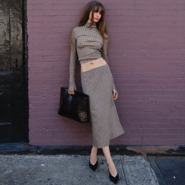 Plaid Print Long Sleeve Tops Two Piece Skirts Set GLAG-S5920249G