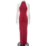 Sleeveless Solid Color Ruched Split Maxi Dress GSBW-Q25DS104