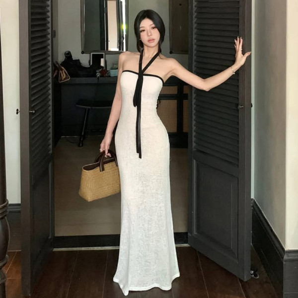 Solid Color Wrap Chest Halterneck Maxi Dress GLAG-D5920144F