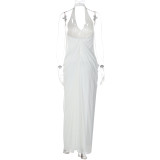 Halterneck V Neck Ruched Mesh Maxi Dress GLAG-D5819940F