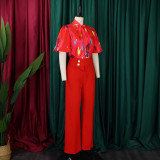 Plus Size Print Short Sleeve Shirt Wide Leg Pants 2 Piece Set GATE-D341