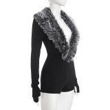 Fur V Neck Long Sleeve Skinny Romper GDSF-D25RP503