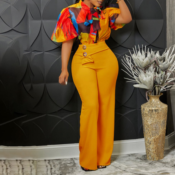 Plus Size Print Short Sleeve Shirt Wide Leg Pants 2 Piece Set GATE-D341