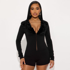 Black Zipper Long Sleeve Slim Romper GDSF-J25RP389