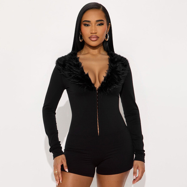 Black Zipper Long Sleeve Slim Romper GDSF-J25RP389