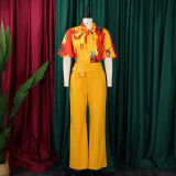 Plus Size Print Short Sleeve Shirt Wide Leg Pants 2 Piece Set GATE-D341