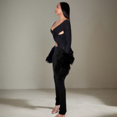 Hollow Out Patchwork Fur Sleeve Tight Jumpsuit GDSF-J25JP409